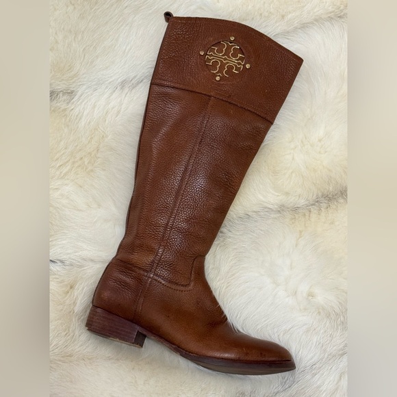 TORY BURCH Kiernan Leather Equestrian Riding Boots Light Brown Tan Logo 7.5 EUC - Picture 7 of 16